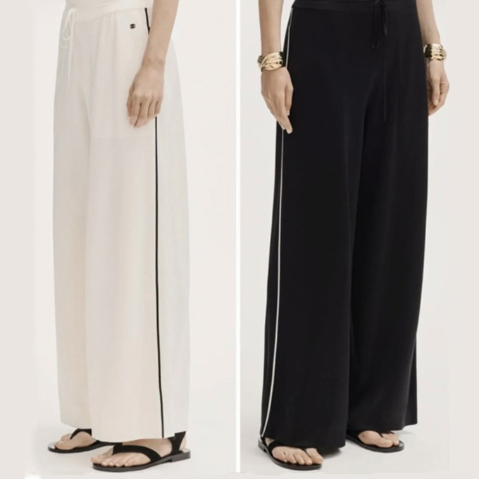 chanel side stripe silk blend wide leg trousers
